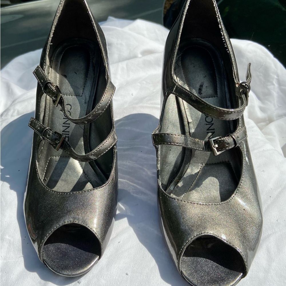 Silver Size 9.5 Peep-Toe Double-Strap Pumps, Connie brand
